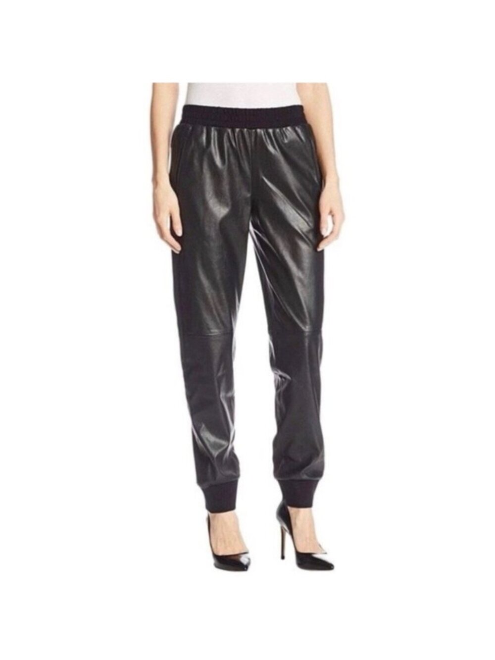 BCBG Max Azria Sugi Black Vegan Leather Jogger Pants, Size XS